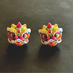 Dragon Dance Mask Earrings Colorful Chinese Lion lucky yellow stud cute gift
